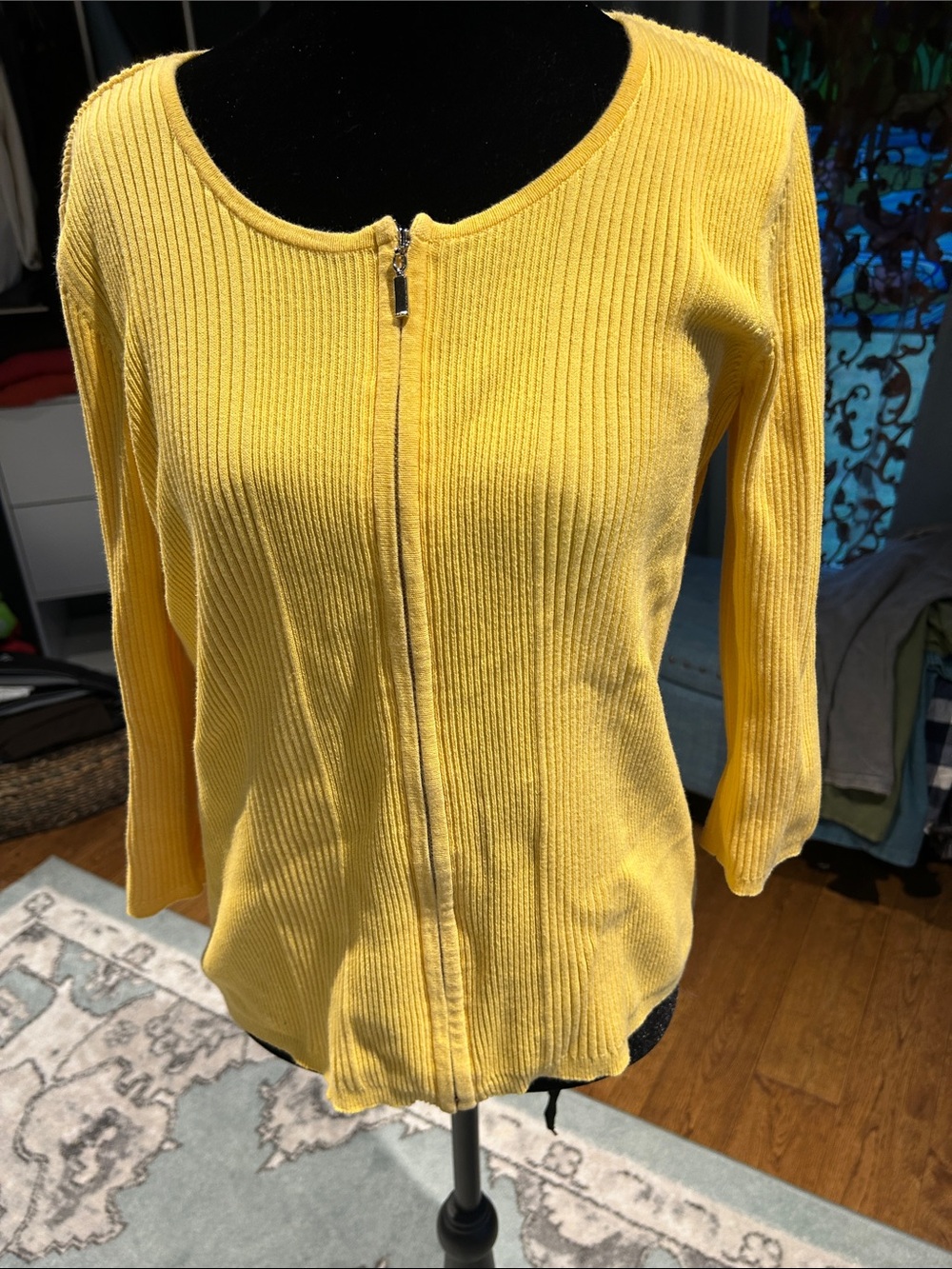 Women's Yellow Ribbed Zip Cardigan Sweater
